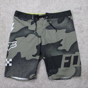 Fox Racing Board Shorts Mens 34 Gray Camo Polyester Stretch w/ 10" inseam